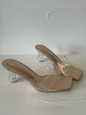 Fashion Nova Nude Clear Strap Mule Heels with Lucite Block Heel